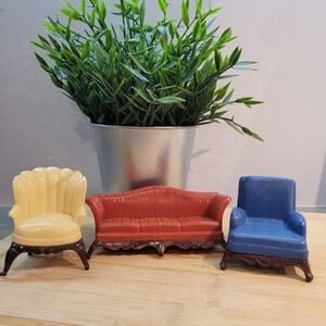 Charming Miniature Sofa and Chair Set - Cream, Red, and Blue